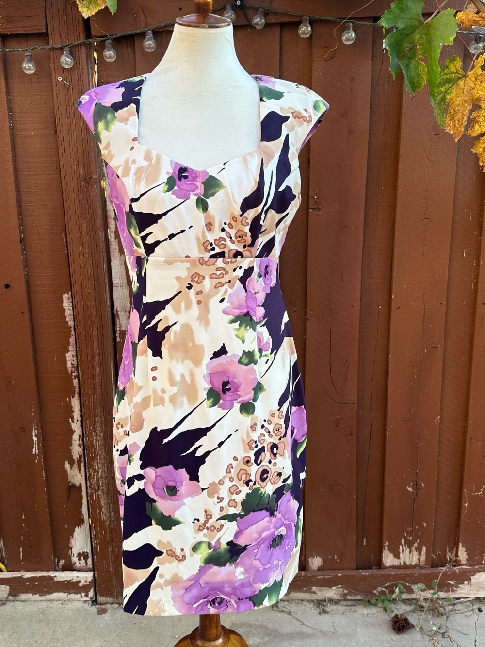 connected apparel Purple Floral Midi Dress with Cream and Tan Accents